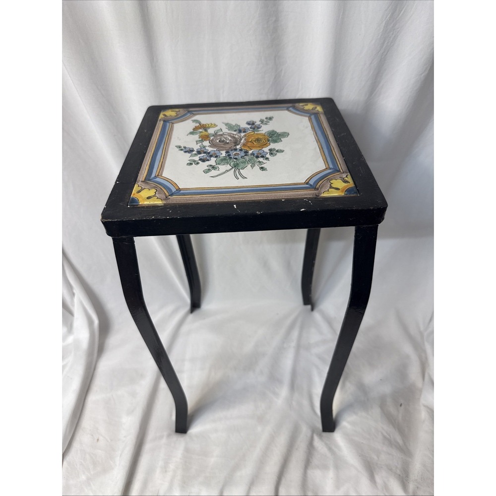Vintage Plant Stand Iron Ceramic Tile End Table 17.5" Cottagecore Garden Boho
